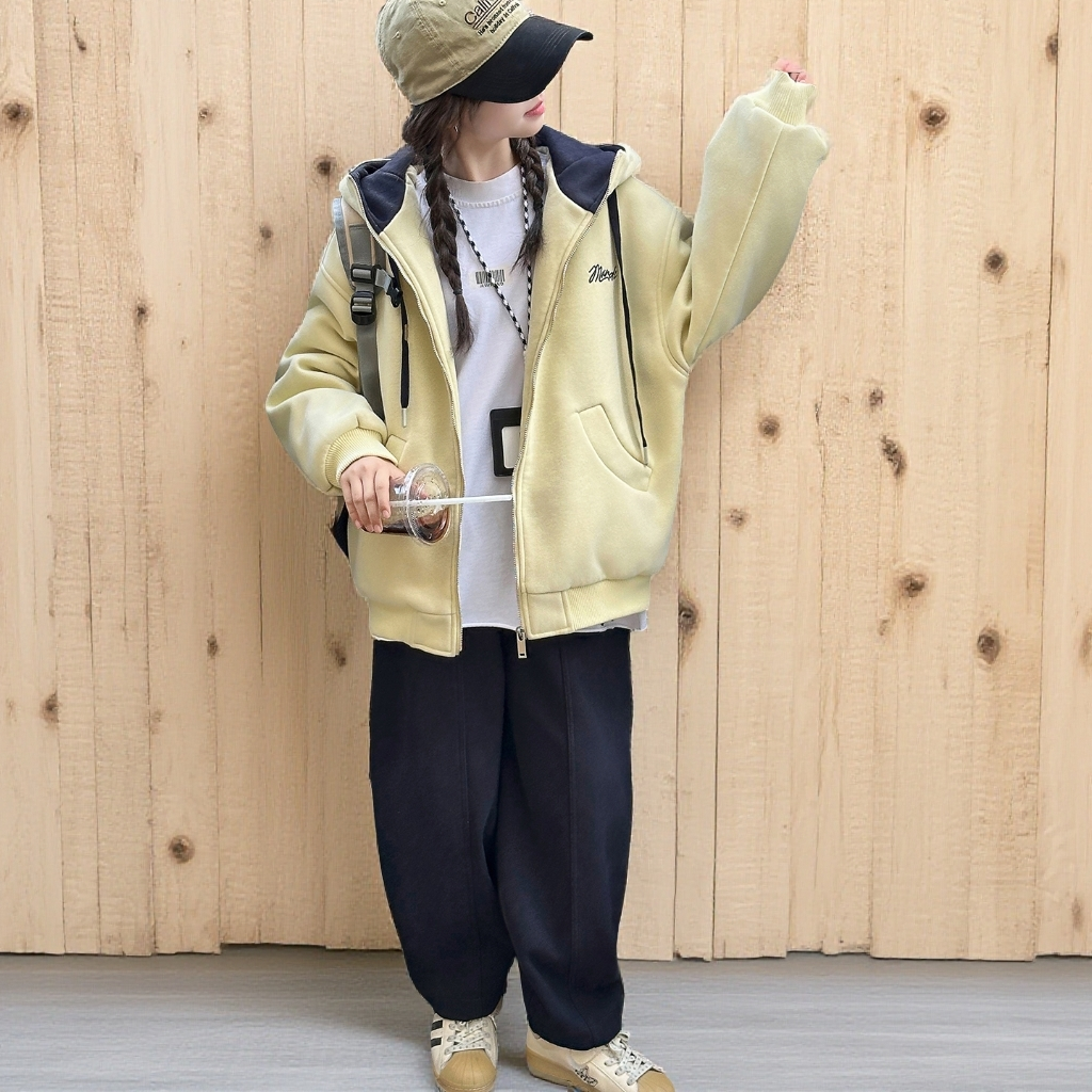 女童加绒外套秋冬2025新款女孩大童韩系连帽卫衣儿童秋装洋气上衣