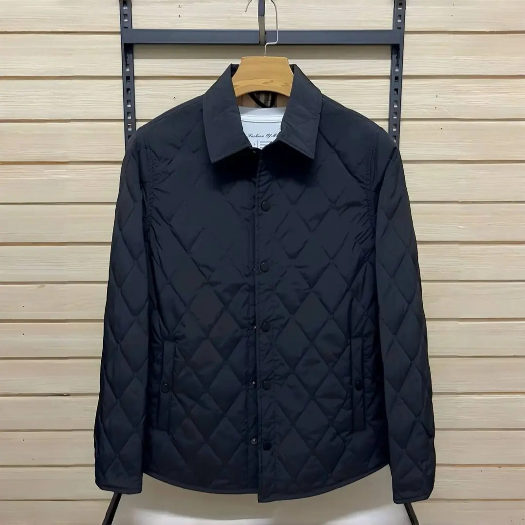 新款男士轻薄秋冬翻领棉服潮流棉衣菱形外套保暖商务休闲修身棉袄