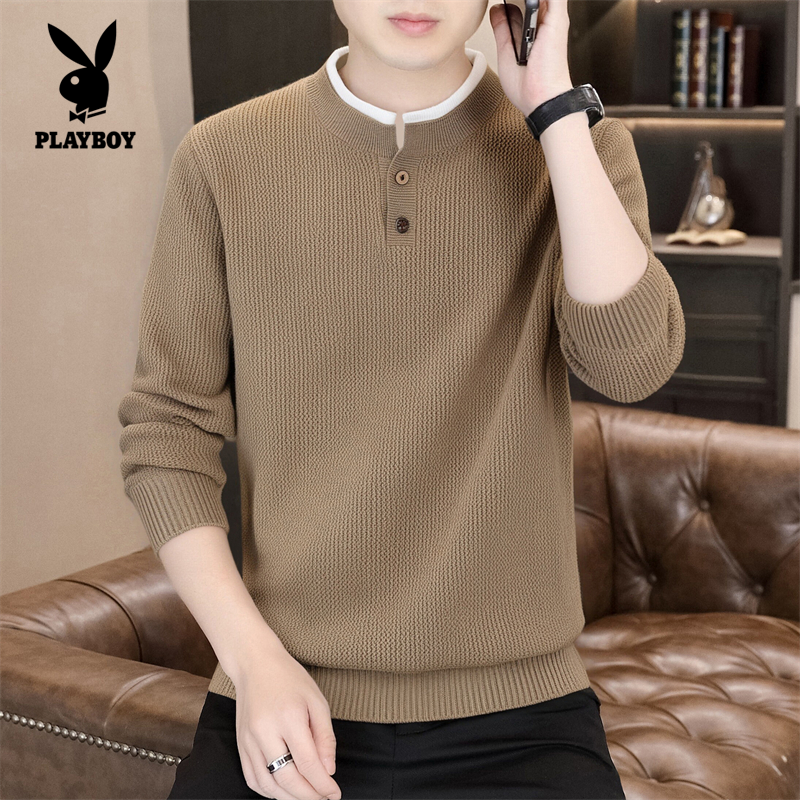 花花公子2025秋冬新款高品质假两件毛衣男青年修身休闲潮流针织衫