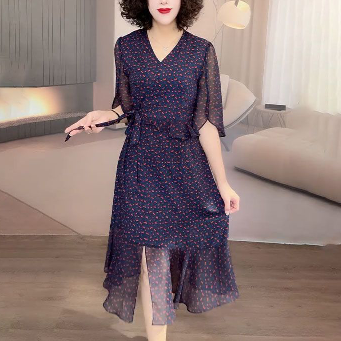 2025夏季新款碎花网纱V领气质连衣裙宽松洋气收腰显瘦女士裙子潮