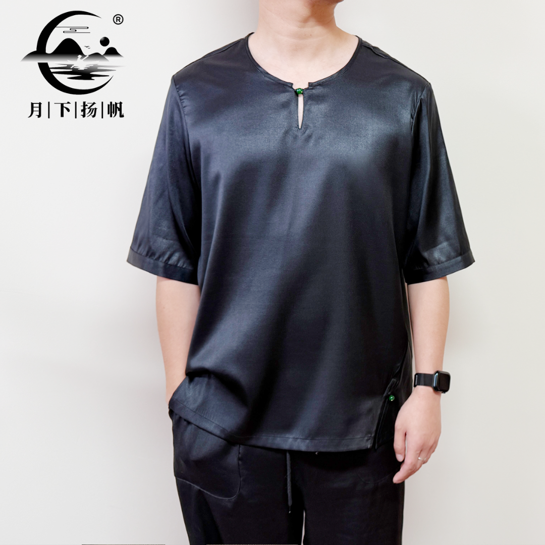 香云纱男装黑色款夏季100%桑蚕丝男士t恤百搭大王缎休闲短袖上衣