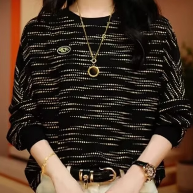 圆领长袖t恤女春季新款撞色印花条纹打底衫宽松减龄时尚百搭上衣