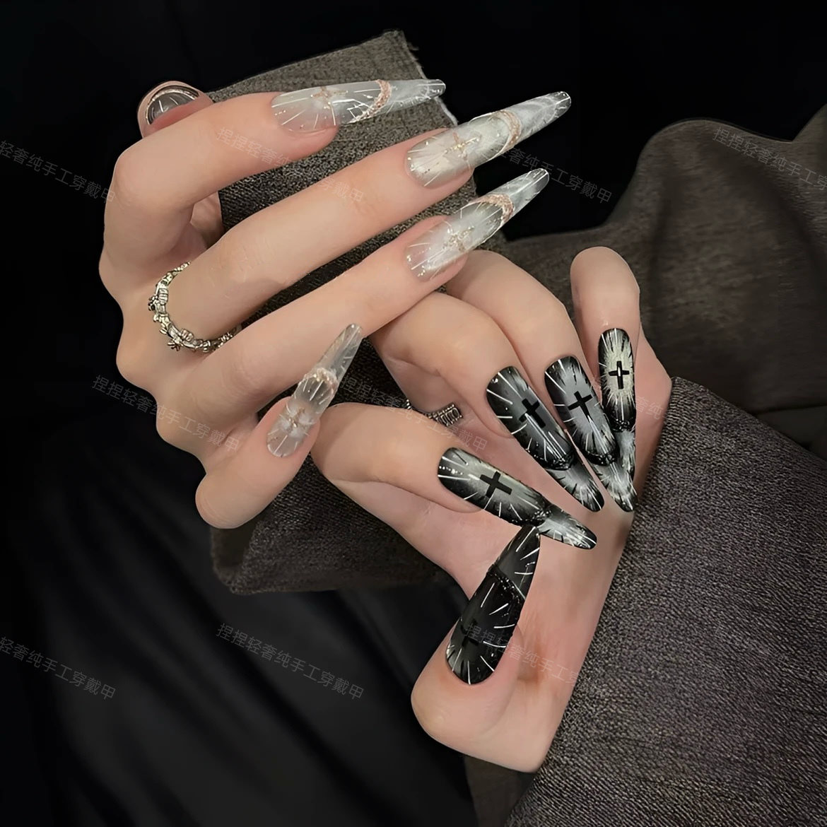 【神谕圣光】纯手工穿戴甲AB款黑色白色御姐酷哥特风显瘦捏捏穿戴甲