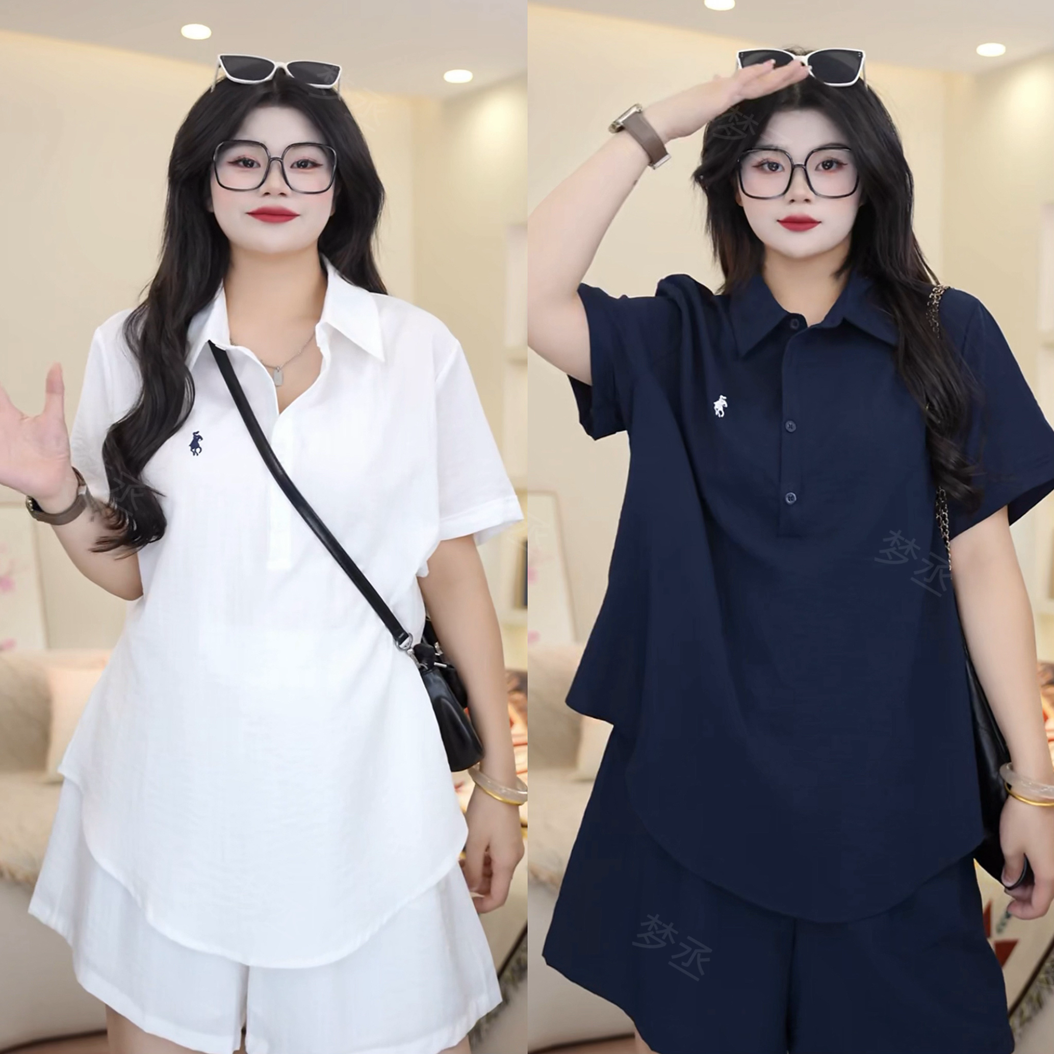 梦丞【氧感漫游】大码女装气质时尚夏季宽松短袖上衣+休闲短裤套装