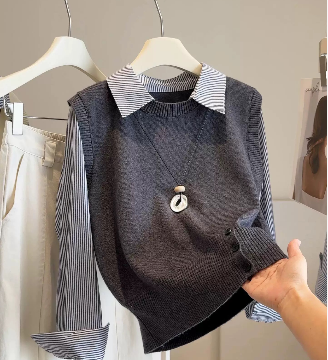 减龄百搭学院风休闲针织拼接条纹衬衫假两件秋冬显瘦女H839