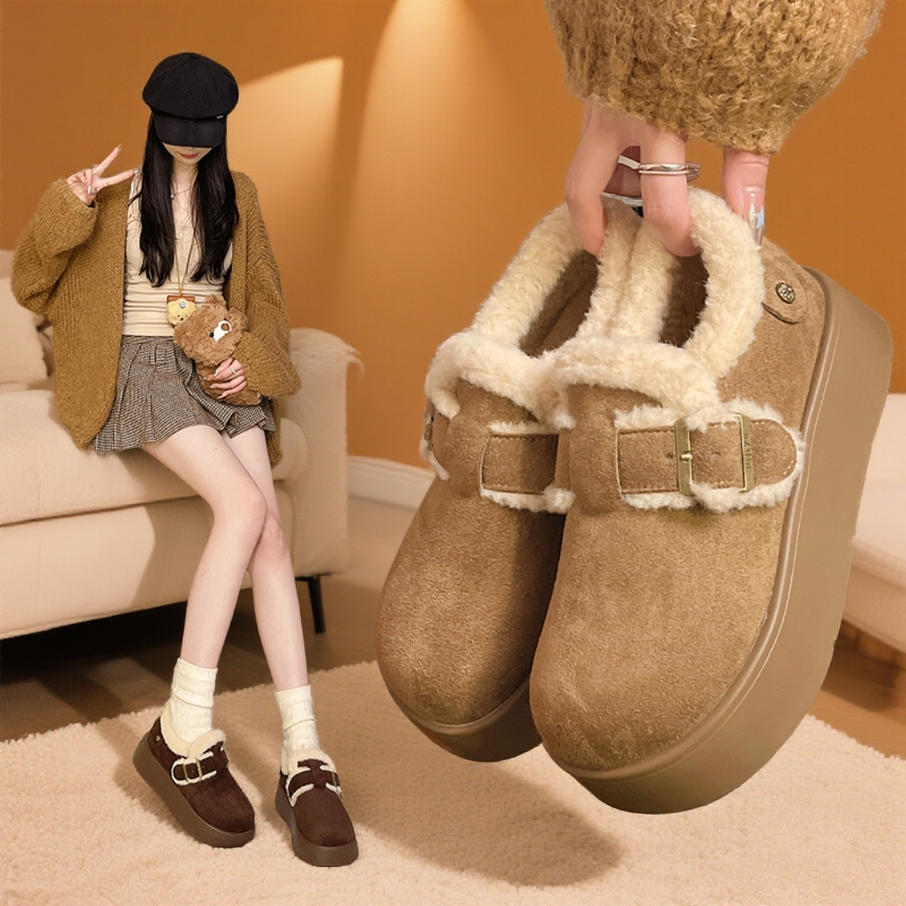 爆款厚底加绒勃肯鞋女鞋2025新款冬季一脚蹬雪地靴毛毛棉鞋乐福鞋