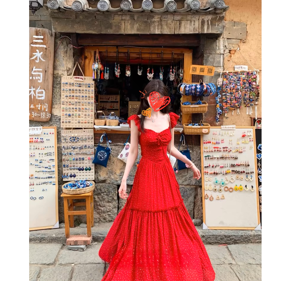 【 海岛繁花】 小飞袖露背连衣裙女显瘦温柔百搭海边度假连衣裙