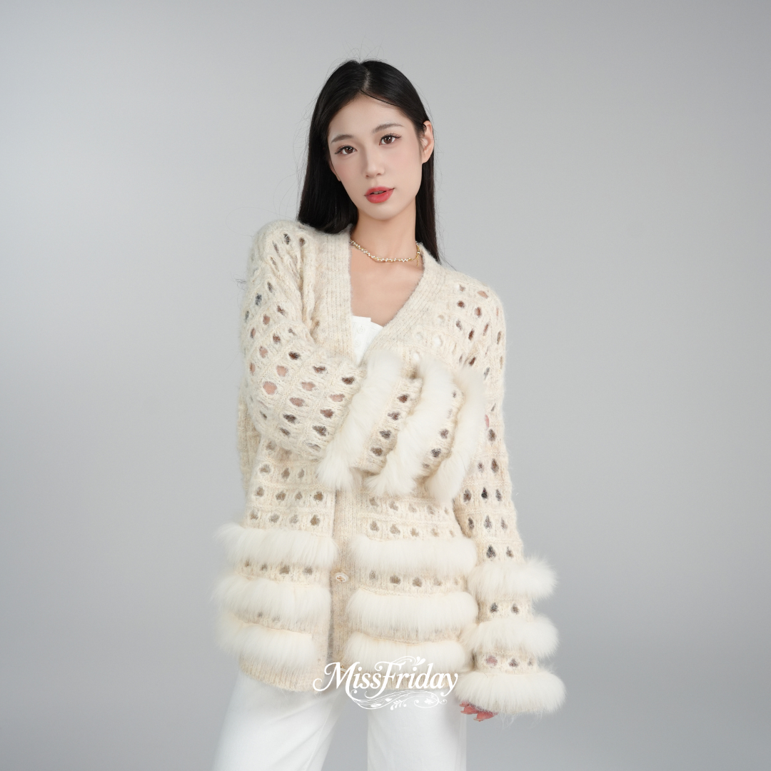 MissFriday｜慵懒风狐狸毛羊毛针织毛衣拼接镂空开衫宽松V领5738