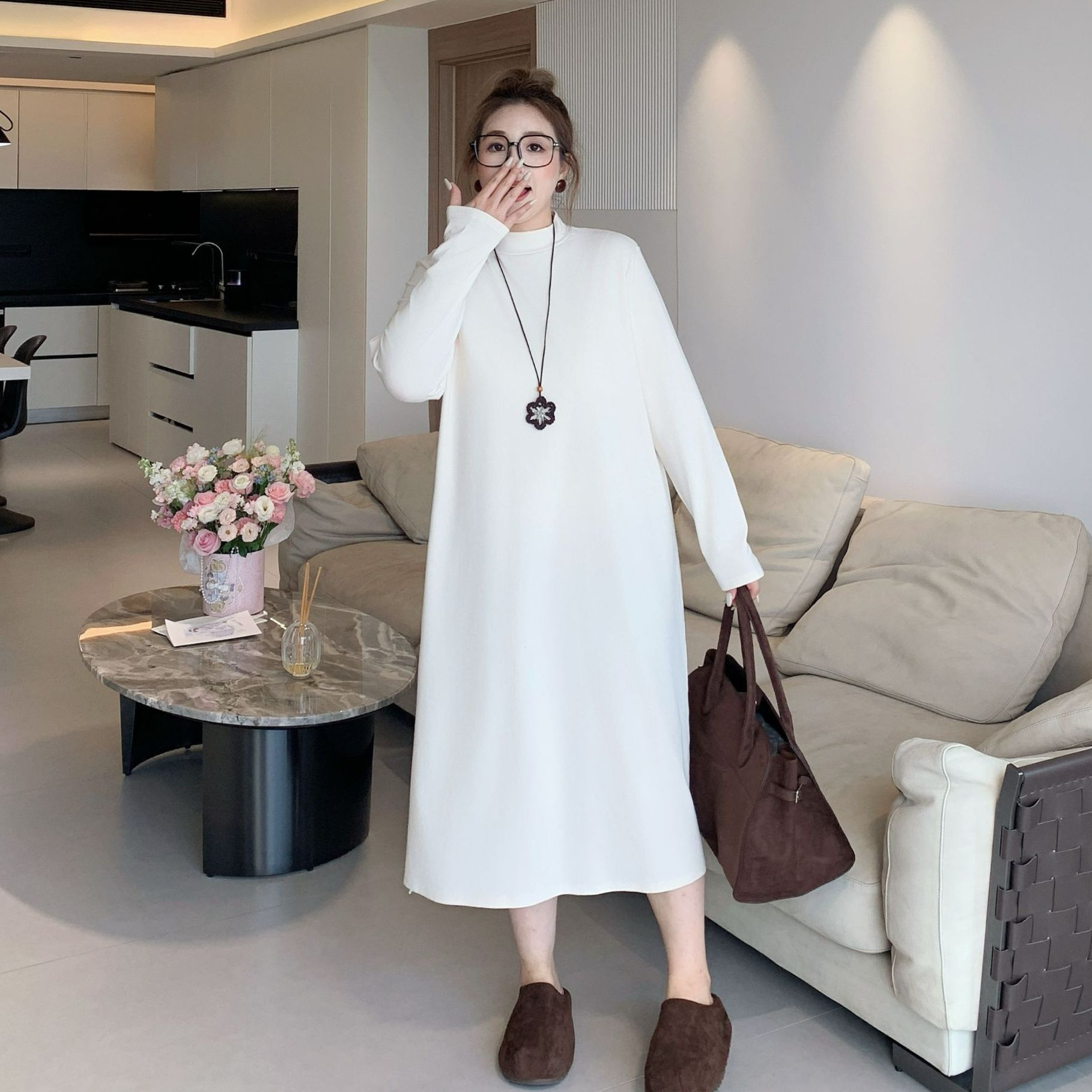 媛子大码百搭针织打底连衣裙半高领秋季宽松软糯宽松休闲内搭