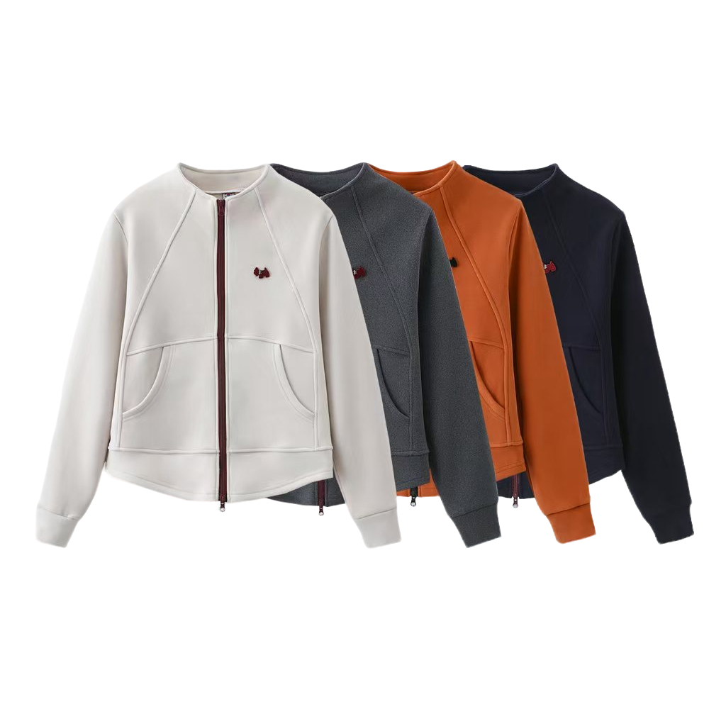 YG2526韩版加绒双拉链开衫羊毛桑蚕丝时尚百搭外套短款女圆领长袖