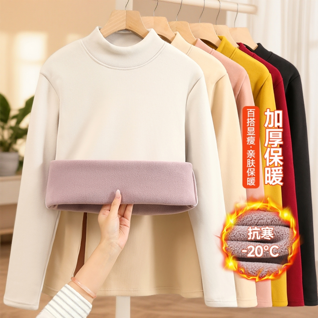 秋冬加绒加厚打底衫女新款半高领奥立绒内搭高级感保暖衣新款修身