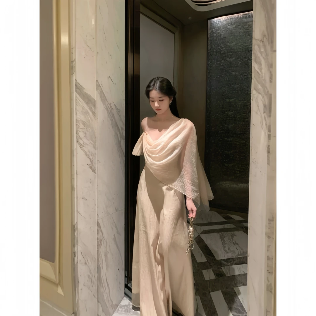 【氛围感女神】超美纯欲肌理感杏色连衣裙女夏季新款披肩吊带长裙