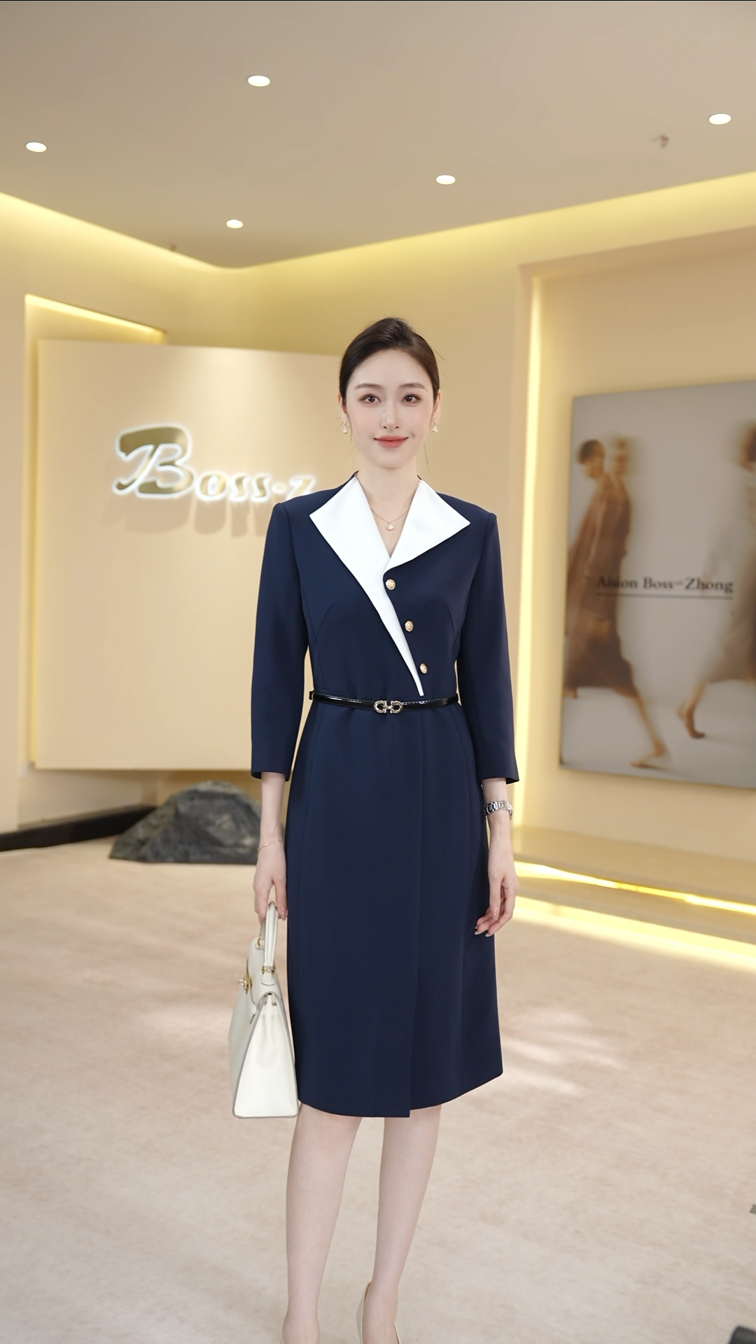 钟老板 藏青色西装连衣裙女2025新款高级感气质V领通勤职场正装裙