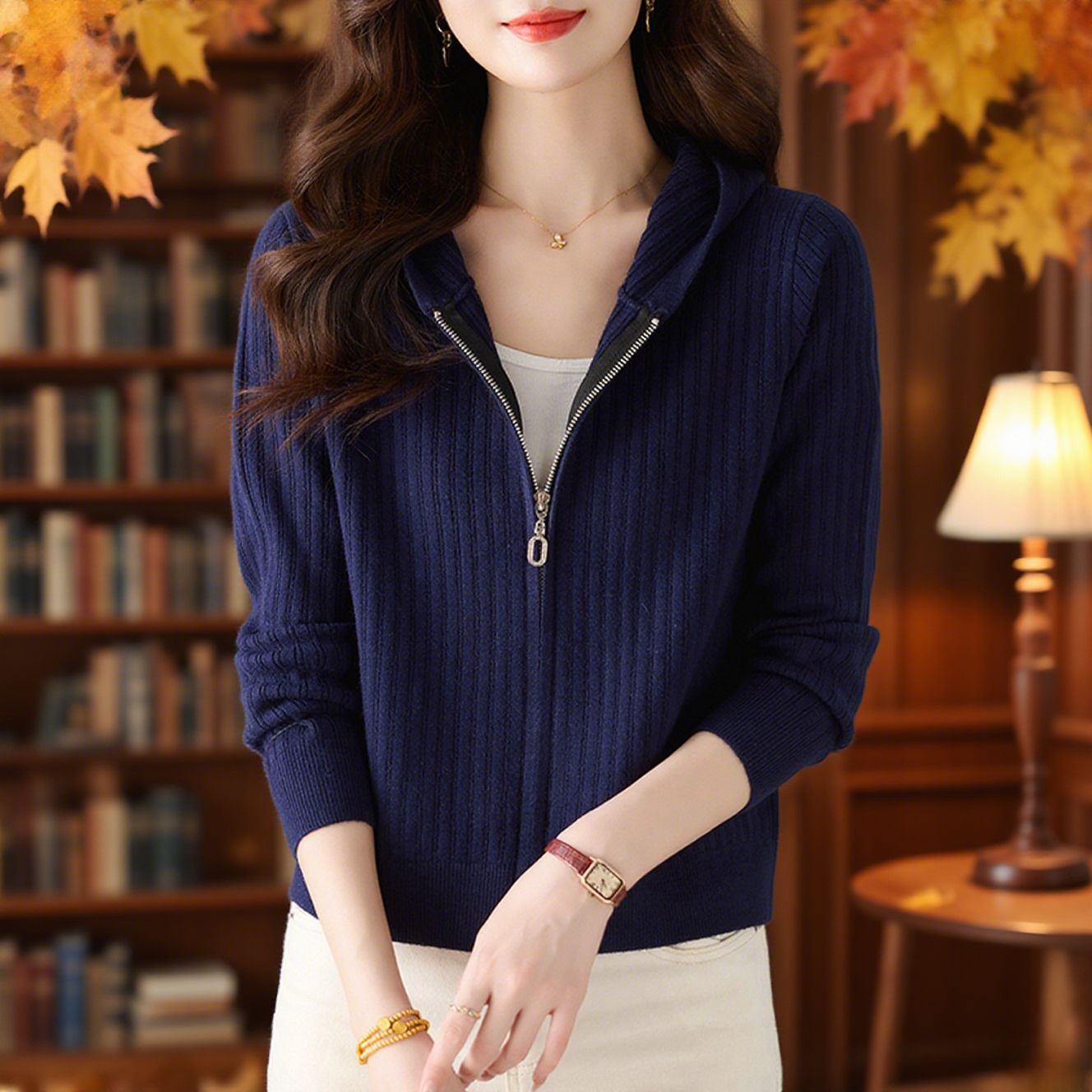 连帽针织开衫女秋冬拉链小个子短款毛衣外套羊毛衫中年