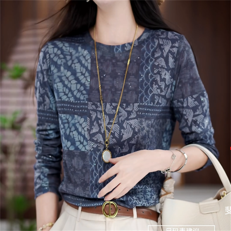 针织宽松T恤少女风时尚薄款常规宽松型套头长袖法式印花百搭秋季