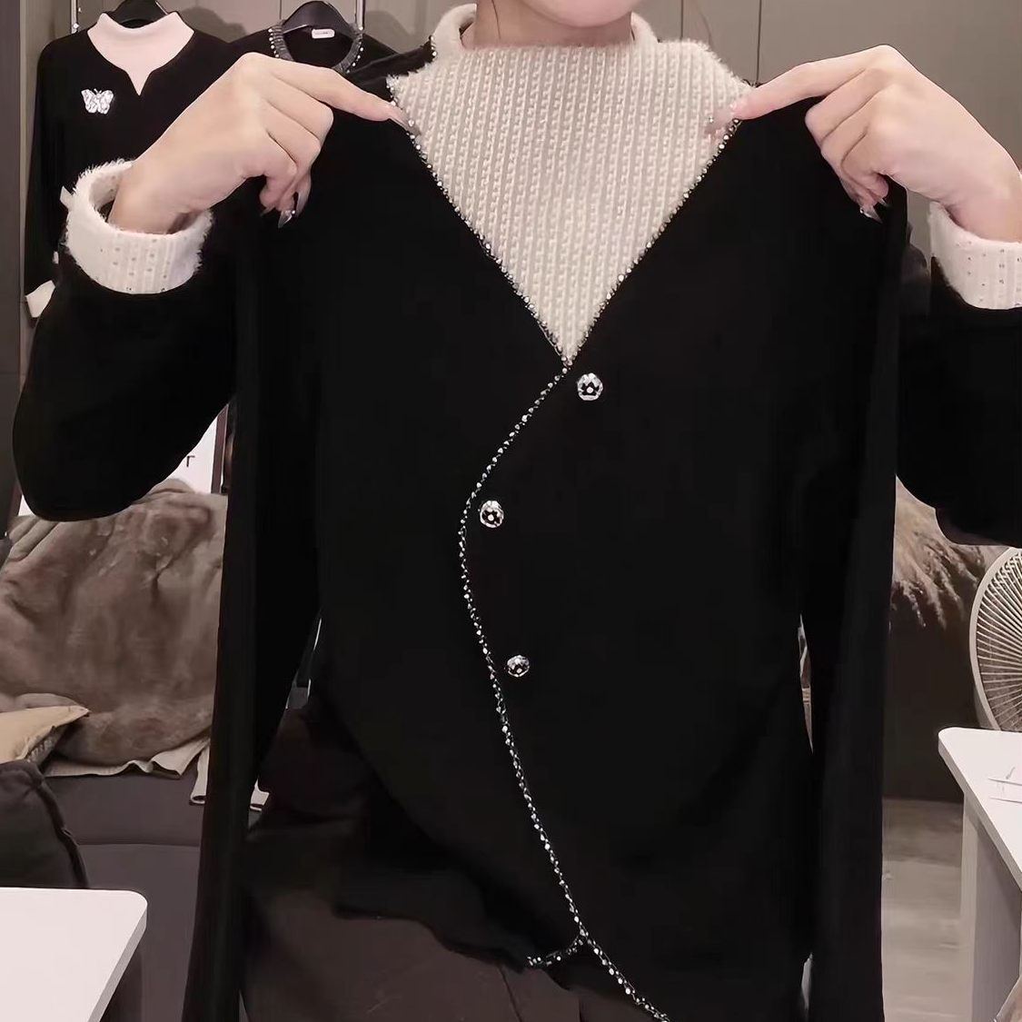 高级感气质翻领长袖针织衫女2026修身显瘦百搭毛衣打底衫上衣