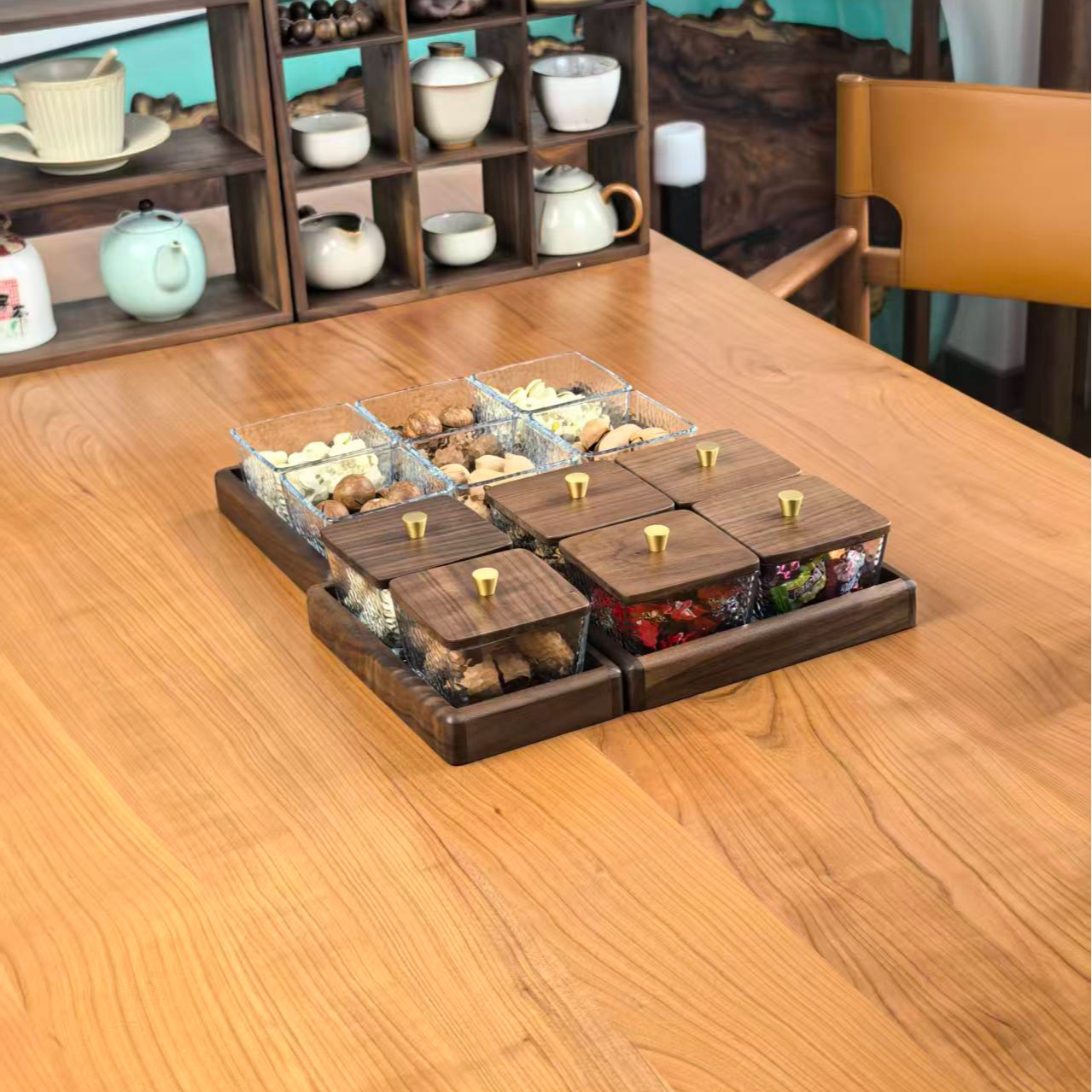 无意北美黑胡桃实木轻奢高档糖果零食客厅果盘水果盘托盘透明创意