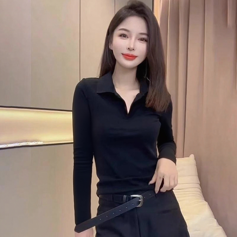 polo领长袖t恤女打底衫早秋爆款螺纹棉正肩黑色修身收腰简约上衣