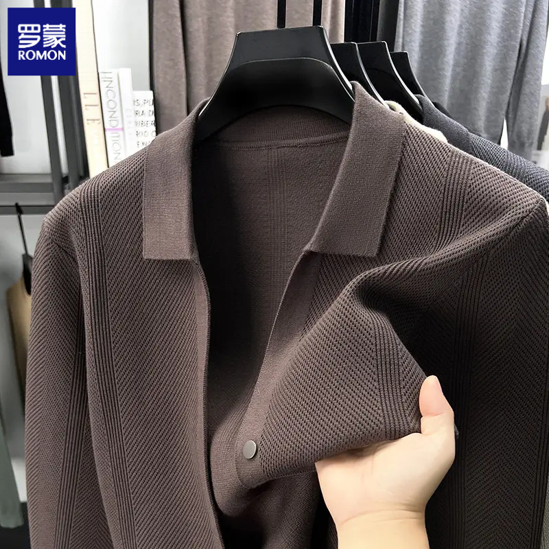 罗蒙新款时尚翻领宽松针织开衫男装春秋季男士休闲毛衣外套潮2025