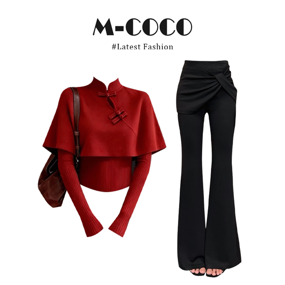 MARIE.COCO新中式国风盘扣斗篷披肩新年红色上衣两件套微喇裤套装