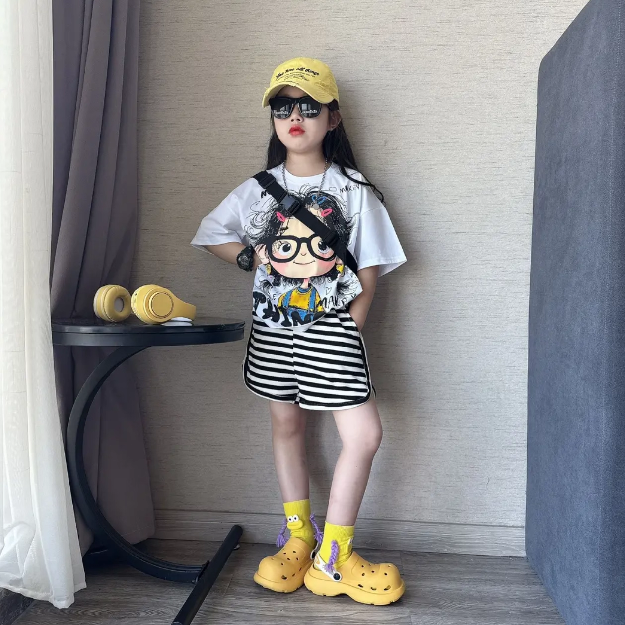 女童夏季新款百搭宽松舒适萌趣卡通甜美小女孩印花短袖短裤两件套