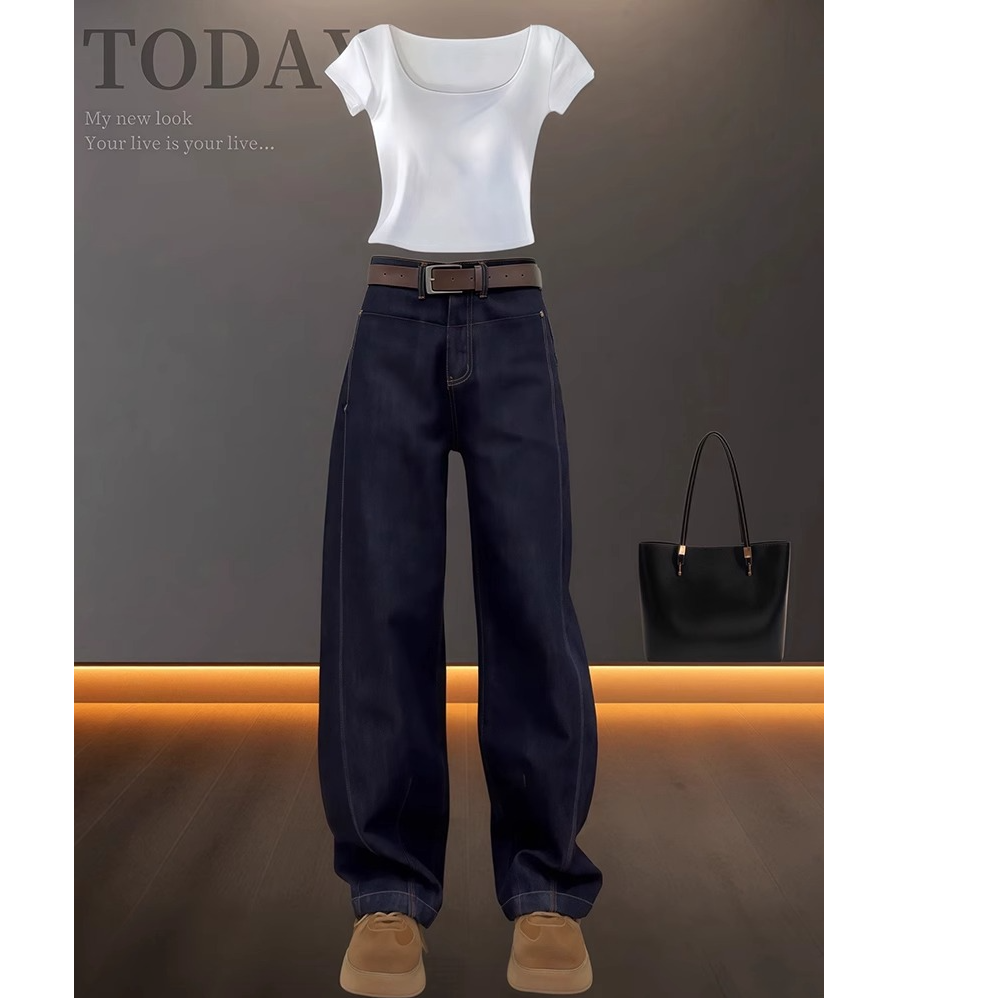 2025年秋冬加绒窄版弯刀牛仔裤女深蓝梨形身材阔腿显瘦胖mm香蕉裤