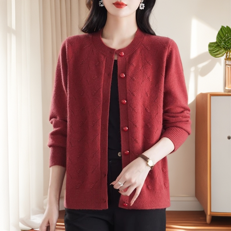 专柜同款羊毛绒圆领针织开衫早秋新款中老年加厚毛衣外套小个子