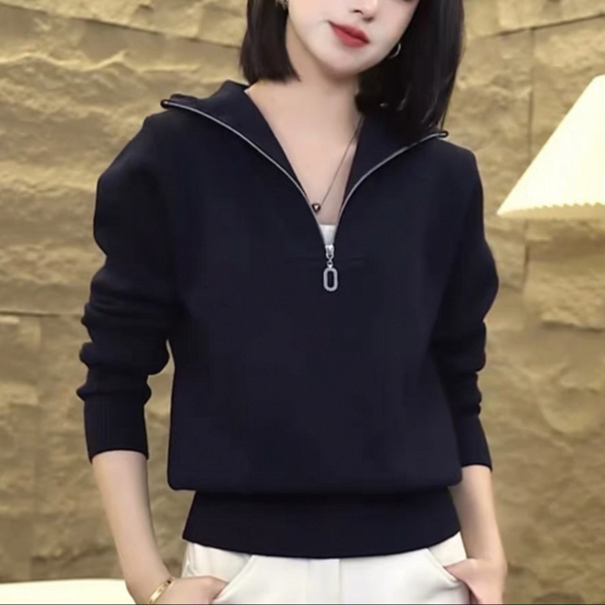 时尚休闲半拉链设计感针织衫春秋新款女士百搭长袖宽松显瘦上衣