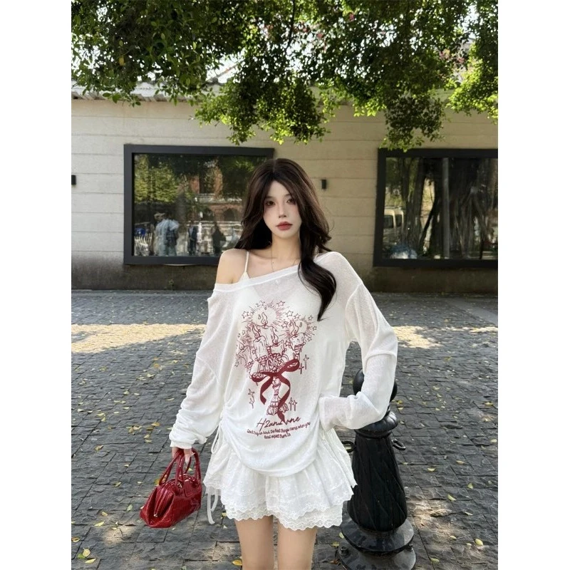 防晒INS风长袖数字圆领慵懒风T恤白色法式纯欲显瘦设计感复古