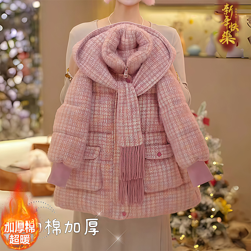 女童加厚小香风棉服2025新款冬装中长款连帽磨毛羽绒棉衣外套棉袄