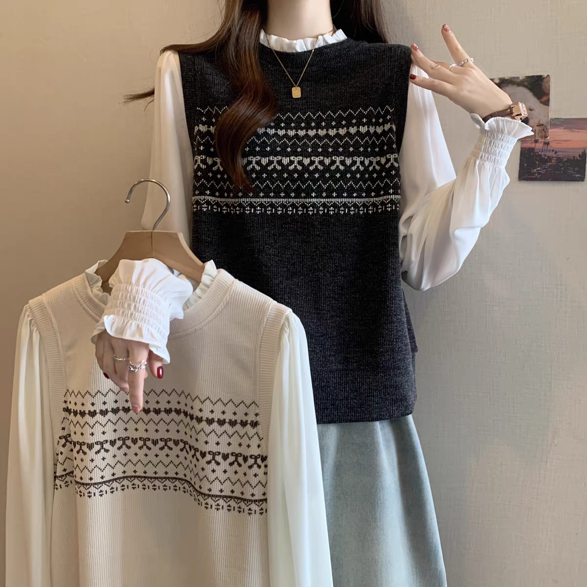 100-200斤大码女装胖mm洋气减龄木耳领雪纺袖假两件提花针织衫352