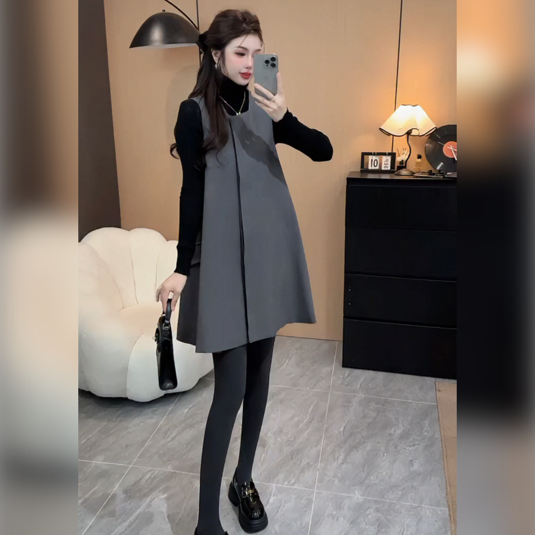 韩版气质无袖简约纯色连衣裙长袖薄绒打底衫套装女2025秋冬新款