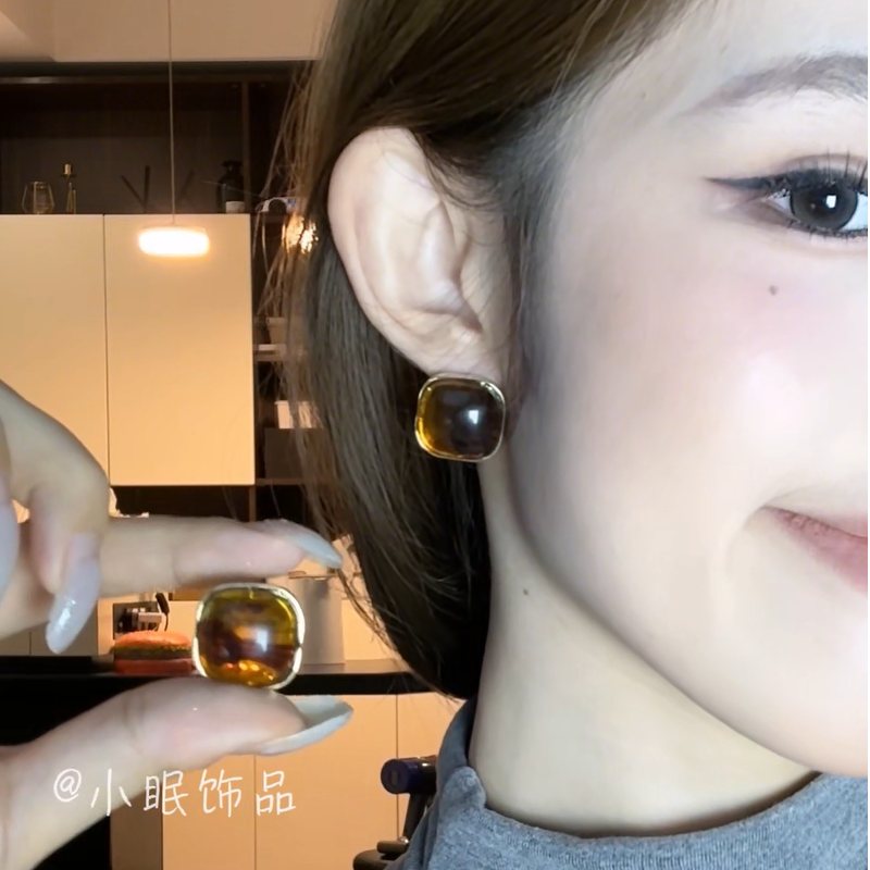 合金亚克力耳饰 美拉德风方形晕染耳环女文艺复古琥珀色耳钉时尚