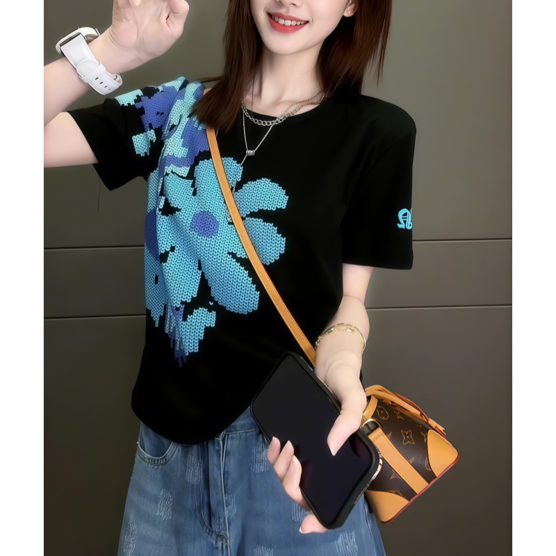 罗芬面料故事旗舰店女装2025夏季新款时尚印花设计感正肩显瘦T恤