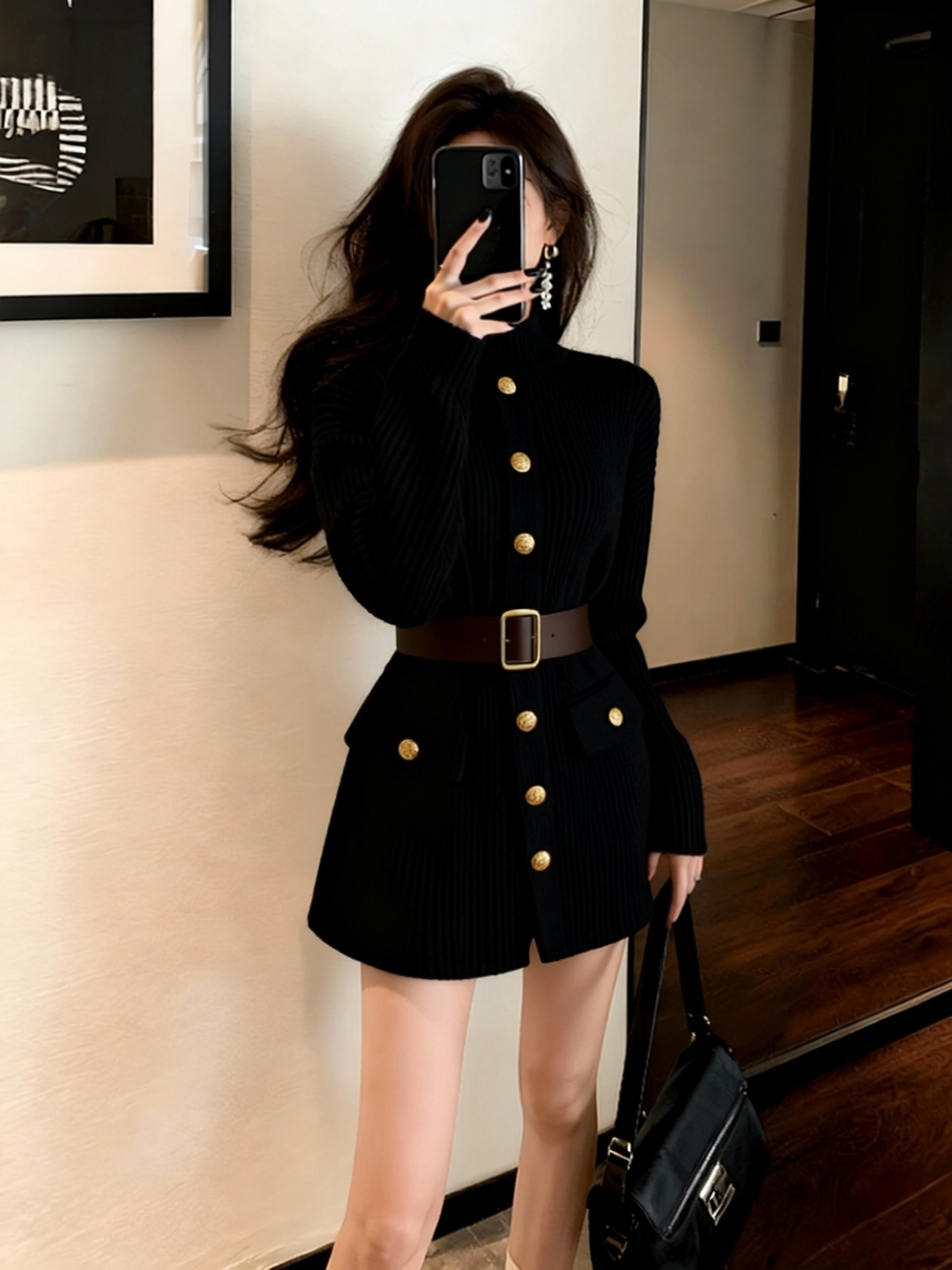 法式江浙沪千金穿搭黑色高领毛衣气质款显瘦连衣裙女2025新款秋冬