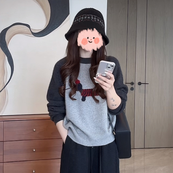 2025年慵懒风减龄宽松针织衫百搭插肩袖小狗软糯套头毛衣W2-24