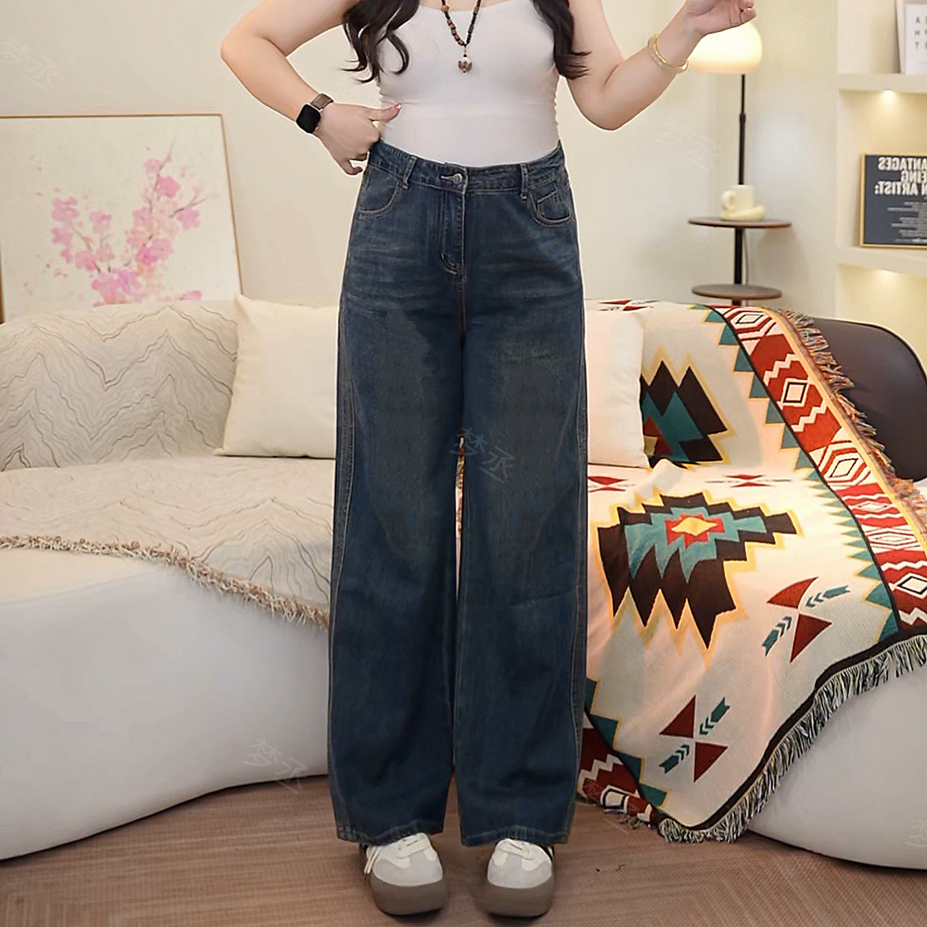 梦丞【腿精玩家】大码女装复古高腰直筒牛仔裤遮跨显瘦百搭阔腿长裤