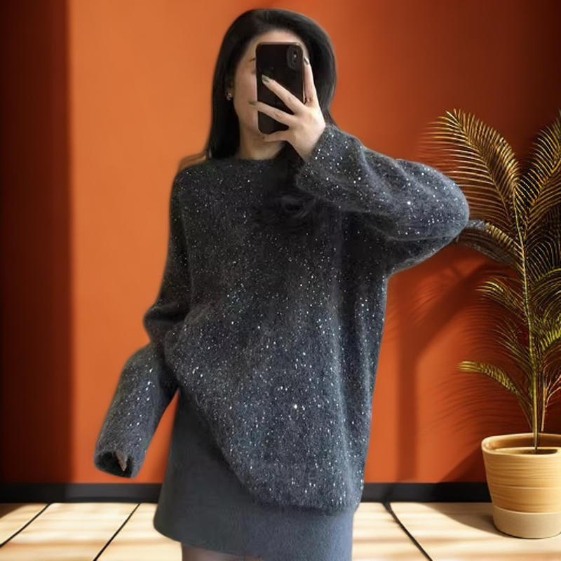 女士灰色圆领亮片毛衣秋冬慵懒高级感加厚宽松软糯针织衫外穿上衣
