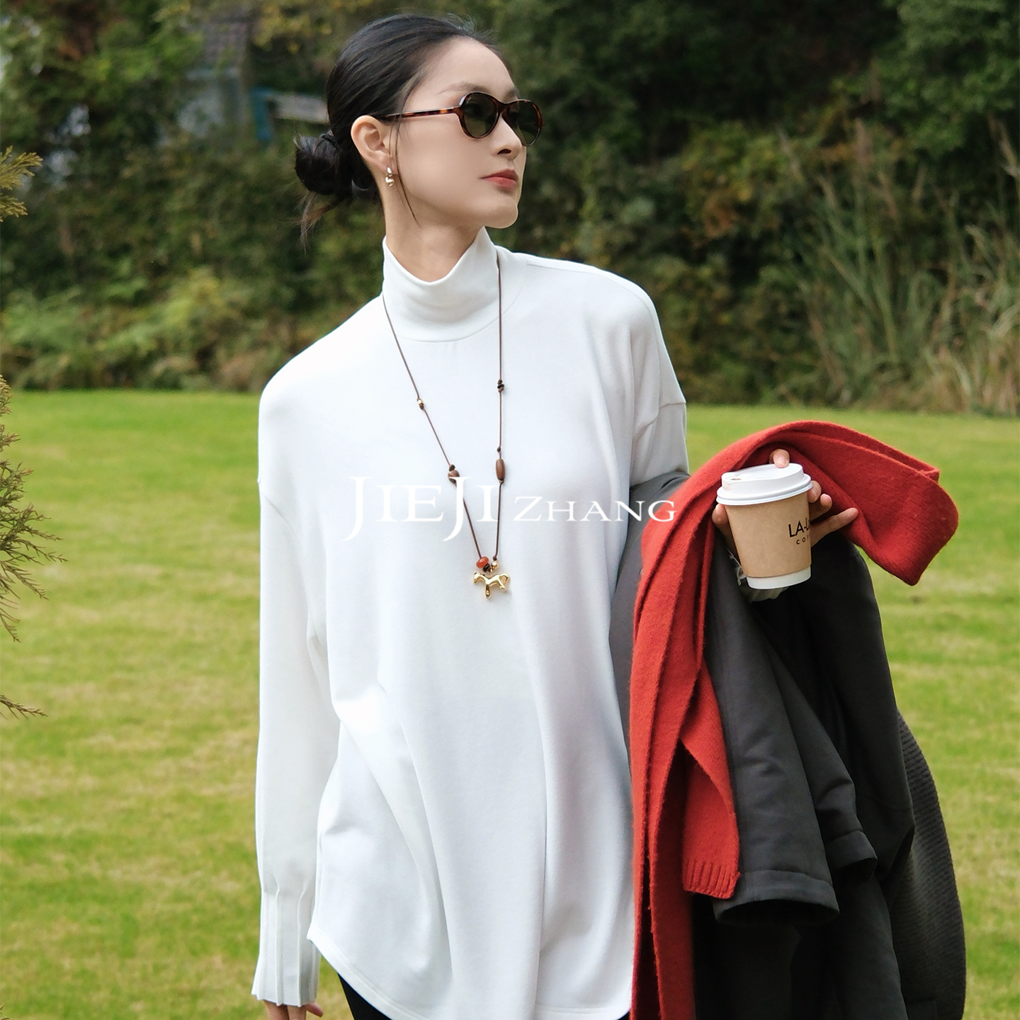 【JIEJI ZHANG】高级定制秋冬时尚百搭双色贝壳奶皮子混纺T恤351151