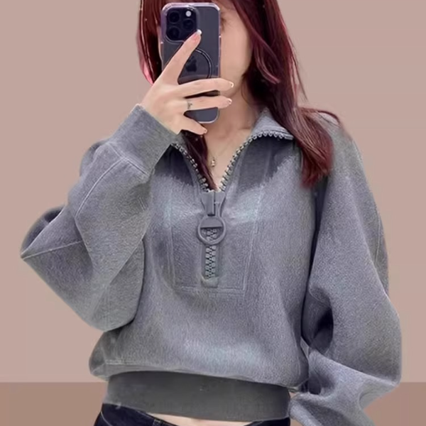 秋季短款灰色卫衣女高级感超好看立领半拉链小众时尚休闲外套潮牌