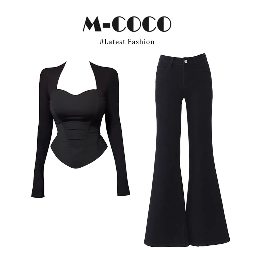 巨显瘦!!!辣妹风黑色掐腰坎肩长袖T恤上衣修身显瘦微喇裤两件套女