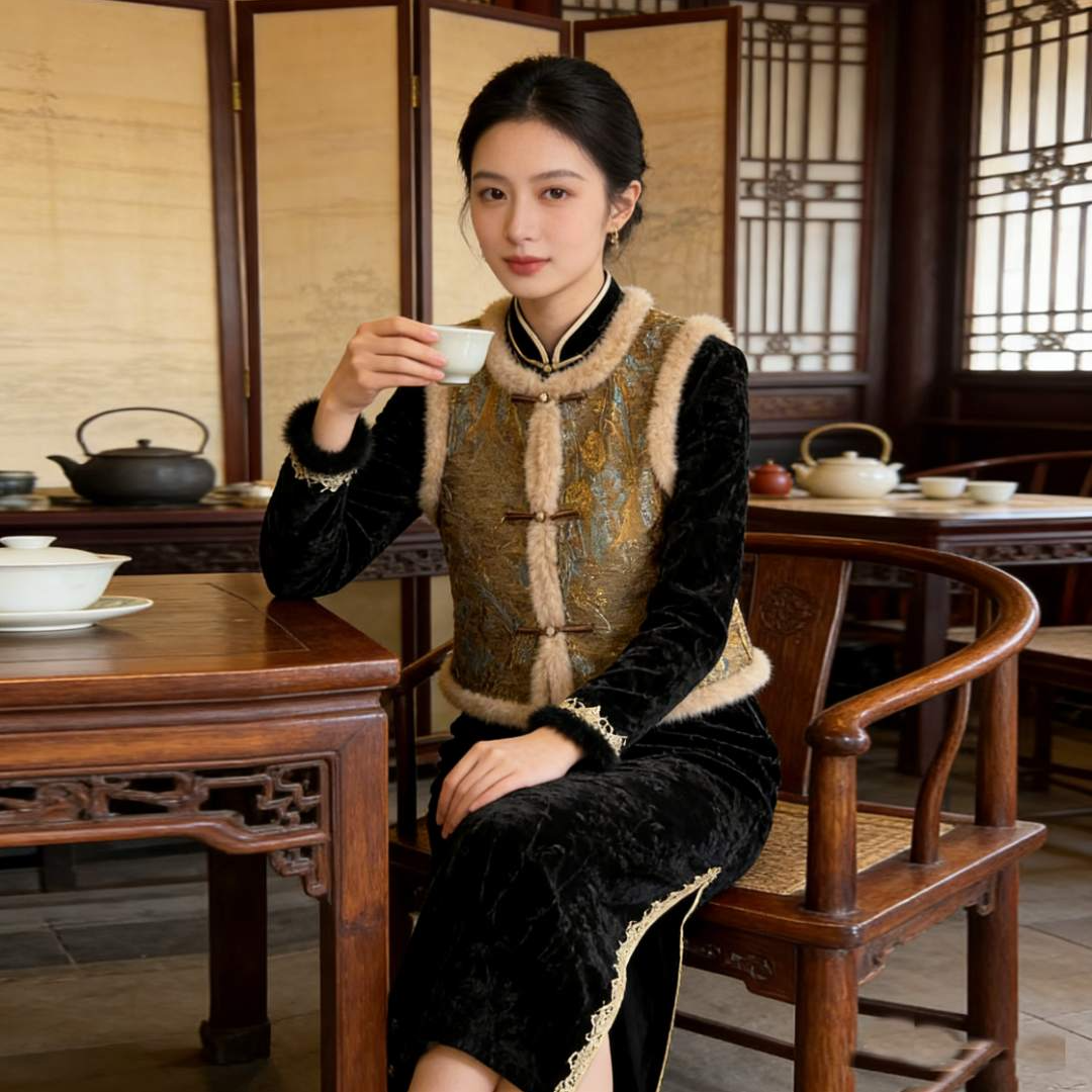 【凌素】秋冬年轻少女款时尚休闲旗袍百搭中式毛领保暖马甲显瘦日常