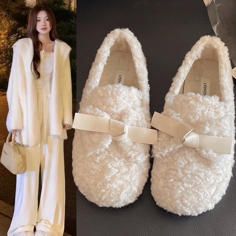 白色法式玛丽珍毛毛鞋女外穿加绒保暖秋冬季2025新款一脚蹬棉鞋子