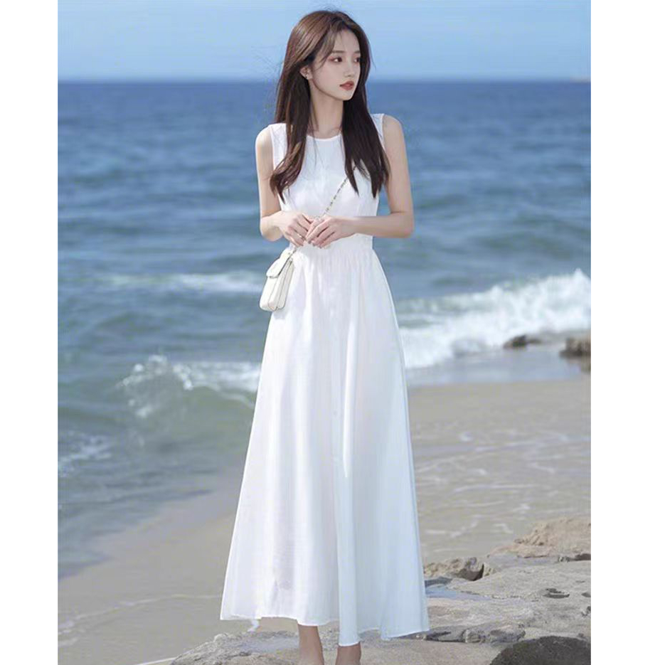 高端精致气质名媛女神范无袖长裙法式高级感海边度假收腰连衣裙夏
