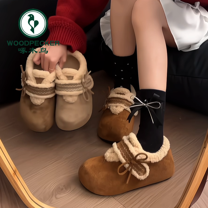 啄木鸟加绒勃肯鞋女2025新款冬季加厚保暖女士毛茸茸雪地靴子棉鞋