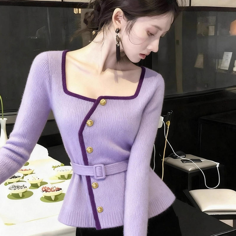 小香风紫色方领针织衫女2025冬季轻熟气质名媛软糯慵懒风掐腰毛衣