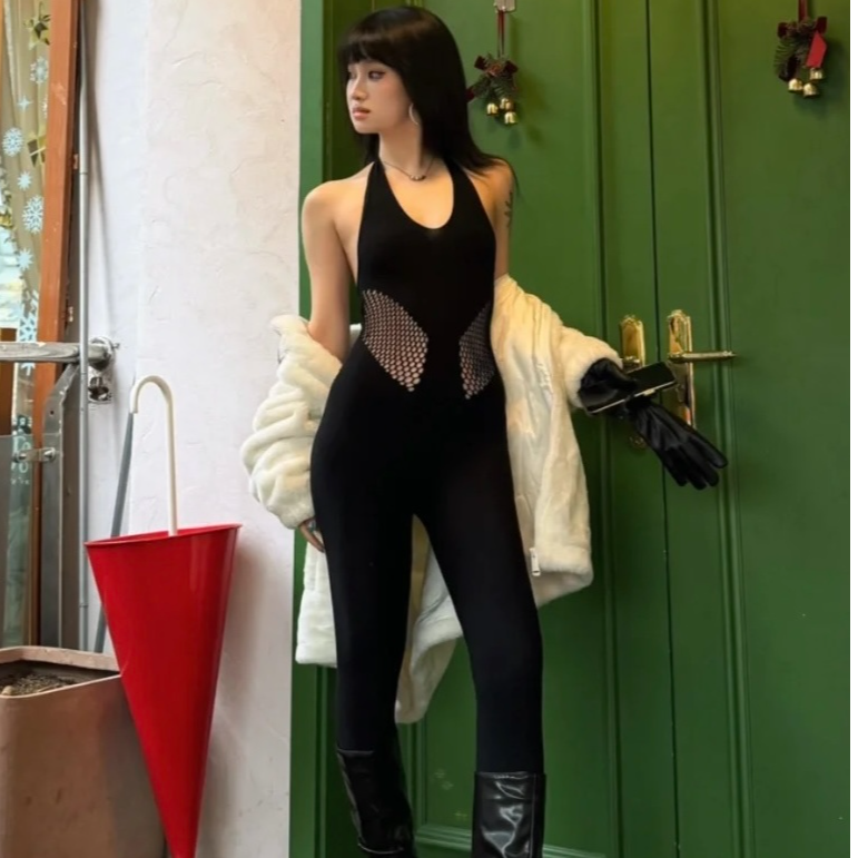 美式辣妹时尚风黑色挂脖连体裤外贸秋季无袖高腰瑜伽运连体衣