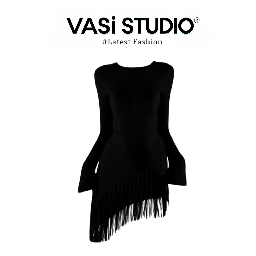 VASI 法式性感漂亮掐腰黑色流苏边针织连衣裙女冬天配大衣的裙子