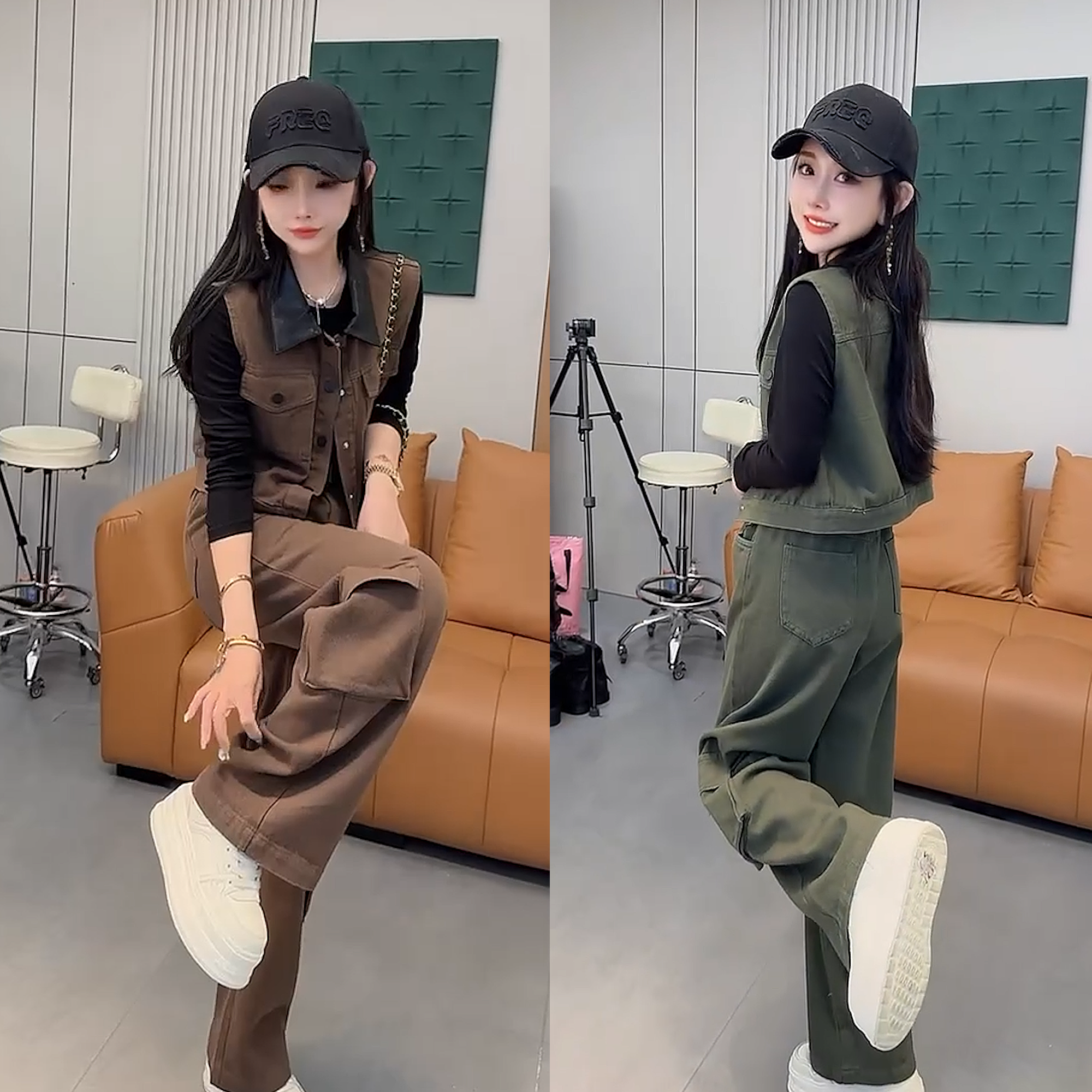 80798秋季时髦精牛仔拼接翻领无袖马甲+阔腿裤两件套洋气时尚套装