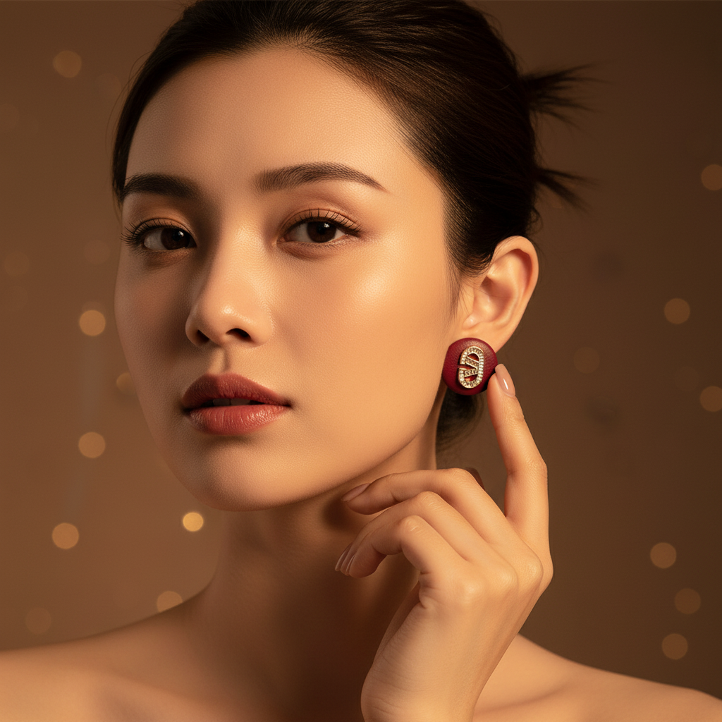 铜合金仿水晶皮质耳饰 复古猪鼻子设计镶钻耳钉女小众高级感耳环